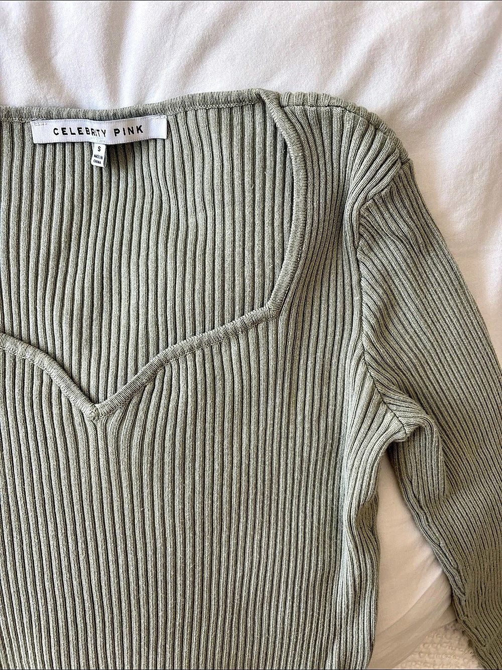 Celebrity Pink Ribbed Long Sleeve Sweetheart Neck Top Green Small